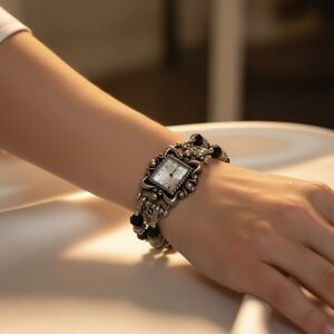 Vintage-Inspired Silver and Black Women's Watch